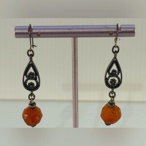 Vintage Art Deco Style Filigree Drop Earrings With Faceted Orange Beads